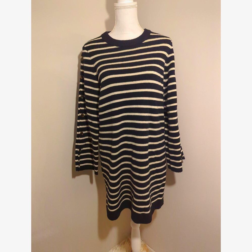 Madewell Stripe Button Sleeve Sweater Dress Cozy Minimalist Casual Medium